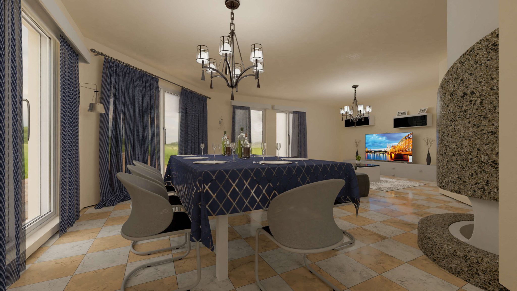 Modélisation 3D d'un salon élégant avec table dressée pour la salle à manger et une cheminée chaleureuse, réalisée par Capture Immo.